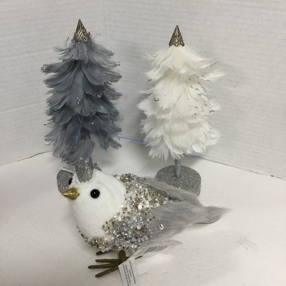 Ashland Set 3 (2) Feathered Trees White & Gray Bird with Crown Decor